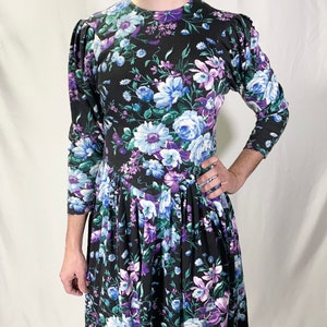 80s Expo Petite Black Purple Vintage Floral Dress 3/4 Sleeve  - Size 2 Petite