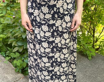 90s Dark Blue Floral Maxi Skirt Side Zip - Size S