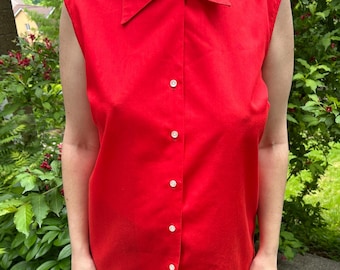 70s Sears Perma Prest Red Vintage Sleeveless Button Down Shirt - Size L