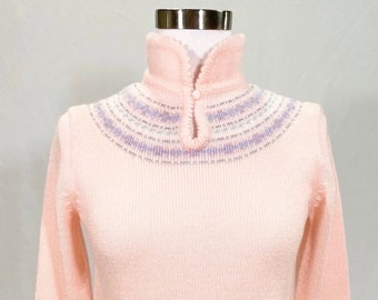 Maglione pullover con colletto Fair Isle rosa baby anni '60 taglia XXS/XS