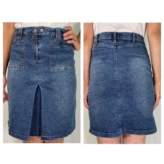 90s Pleated Short Blue Jean Skirt with Pockets - … - image 1