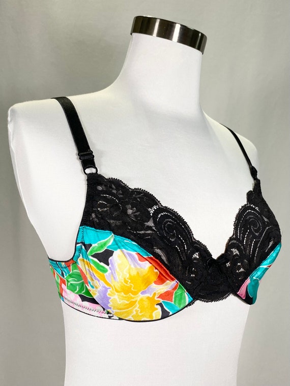 80s Vanity Fair Black Lace Rainbow Floral Unlined… - image 3