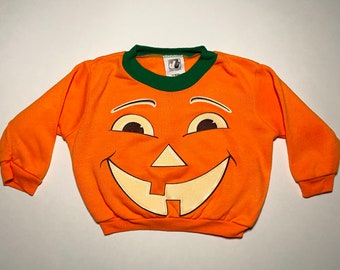 80s Jog Togs Children's Pumpkin Jack-o-Lantern Glow in the Dark Sweatshirt - Vintage Kids' Halloween Costume Top - Size 12 Months