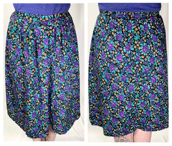 80s Black & Purple Floral Elastic Waist Skirt - S… - image 1