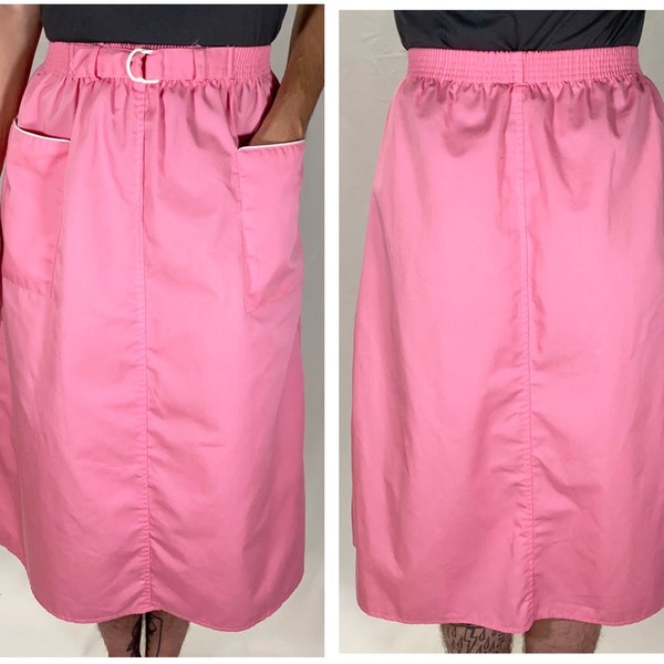 70s Union-made Bright Pink Long Modest Skirt w/ Pockets Elastic Waist - Size S