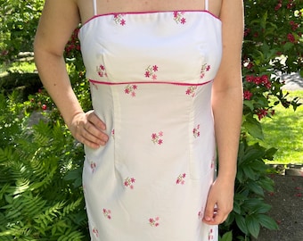 90s Floral Embroidered Tank Dress Vintage  Flowered Summer Dress White Pink - New With Tag - Size 8