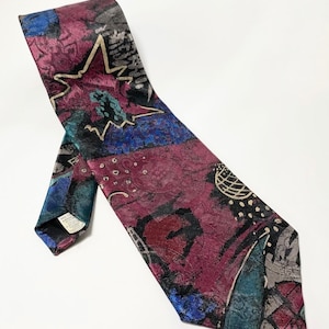 80s Abstract Pattern Metallic Tie Multicolor Vintage Geometric Wide Tie Wembley