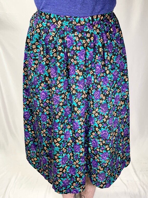80s Black & Purple Floral Elastic Waist Skirt - S… - image 2
