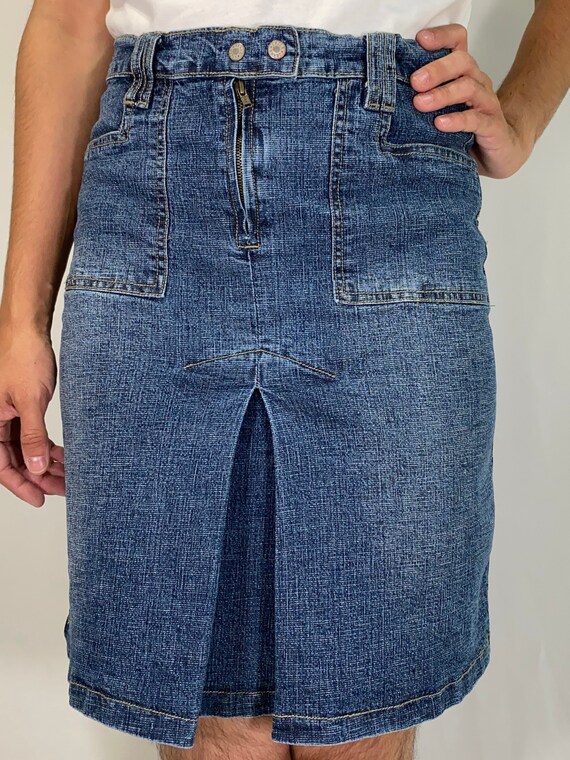 90s Pleated Short Blue Jean Skirt with Pockets - … - image 2