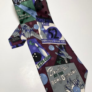 80s Bowling Tie 100% Silk Bowling Ball Pins Alley Tie - 3.75 Inch Width
