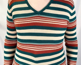 70s Earth Tones Striped Sweater Women’s V-neck Vintage Stripe Pullover Jumper- Size M
