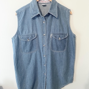 90s Denim Tank Top Vintage Jean Button Up Shirt Sleeveless Collared - Size L