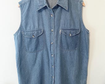 90s Denim Tank Top Vintage Jean Button Up Shirt Sleeveless Collared - Size L