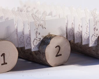 3 pcs Log place card holders, décor de mariage rustique, porte-cartes d’invité, centres de table de mariage boisés, support de carte de place, porte-étiquette de nom