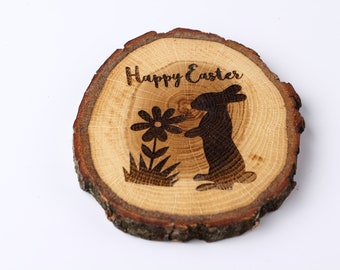 Rustic wood Easter coaster, Easter table decor, wooden slice with bunny, Easter decoration.