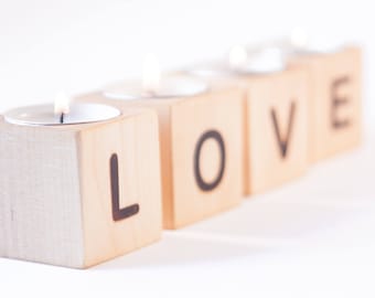 Candle holders set LOVE, tea light holder, home decor, rustic wedding decor, christmas gift idea, wedding favors,