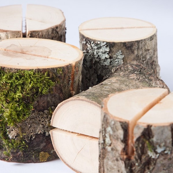 5 Soporte de número de mesa de madera, Decoración rústica de la boda, Titulares de tarjetas de invitados, centros de mesa de bodas de bosques, soporte de tarjeta de lugar, titular de etiqueta de nombre