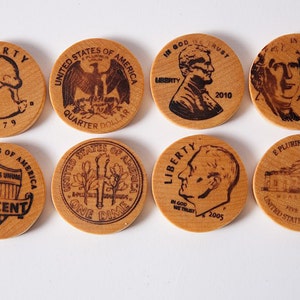 Wooden money coins, play money, American cents, math game, wooden toys, eco friendly toys. image 3