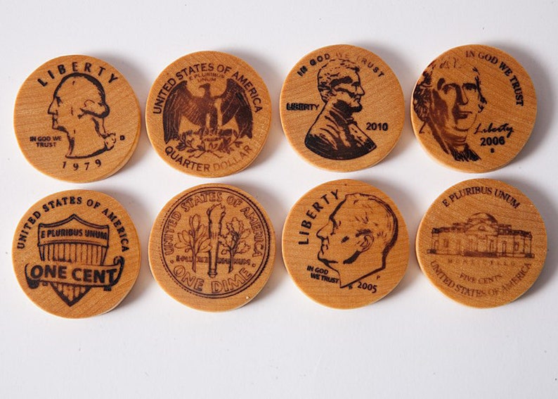 Wooden money coins, play money, American cents, math game, wooden toys, eco friendly toys. image 3