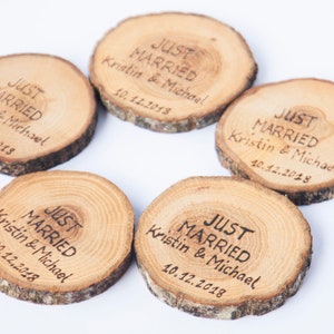 10 oak wood coasters 3 4 , rustic wedding decors, wedding coasters, rustic wedding favors, JUST MARRIED coasters image 5