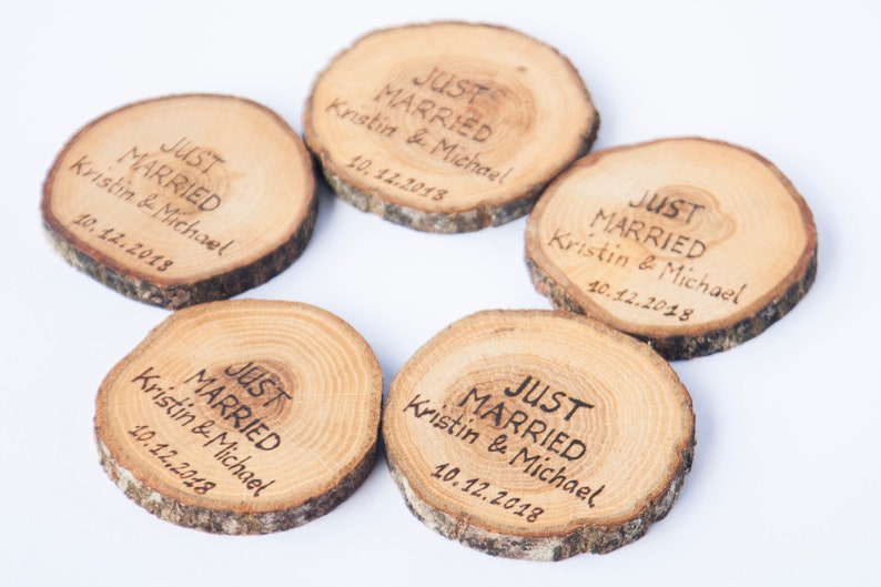 10 oak wood coasters 3 4 , rustic wedding decors, wedding coasters, rustic wedding favors, JUST MARRIED coasters image 5