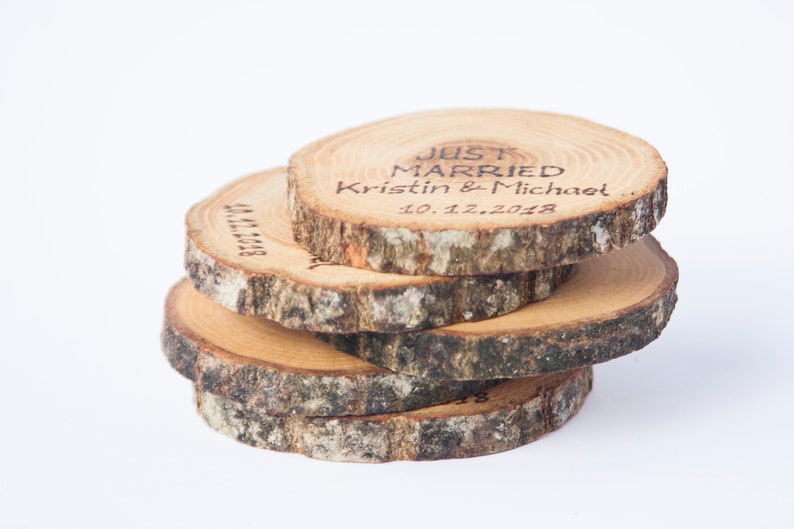 10 oak wood coasters 3 4 , rustic wedding decors, wedding coasters, rustic wedding favors, JUST MARRIED coasters image 3