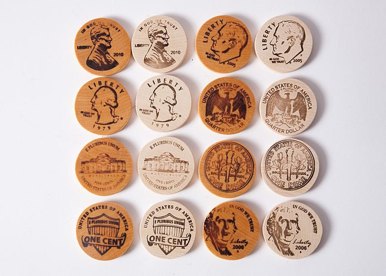 Wooden money coins, play money, American cents, math game, wooden toys, eco friendly toys. image 4