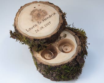 Personalized wood ring box with moss, ring bearer pillow,  rustic wedding ring holder, rustic wedding decor, engagement ring box,