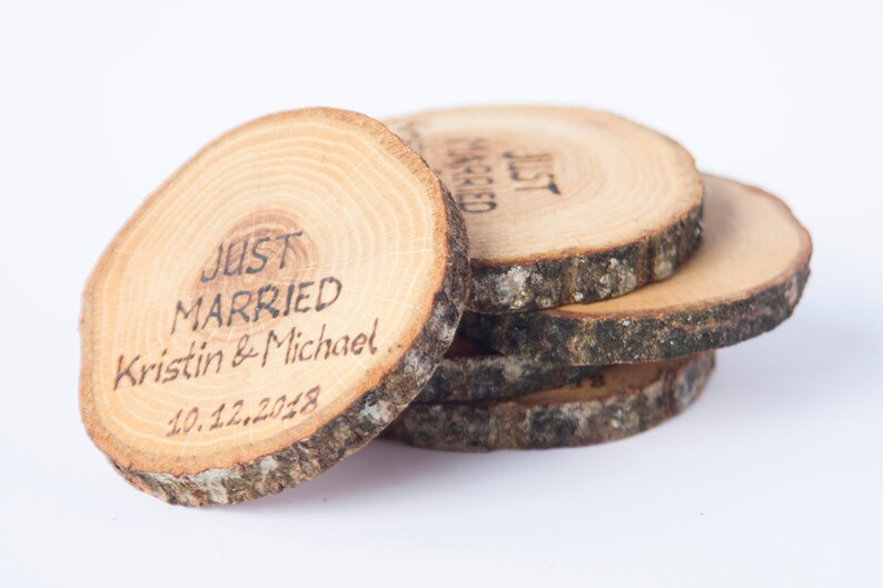 10 oak wood coasters 3 4 , rustic wedding decors, wedding coasters, rustic wedding favors, JUST MARRIED coasters image 4