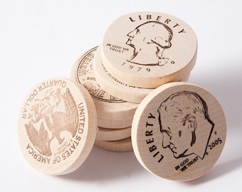 Wooden money coins, play money, American cents, math game, wooden toys, eco friendly toys.