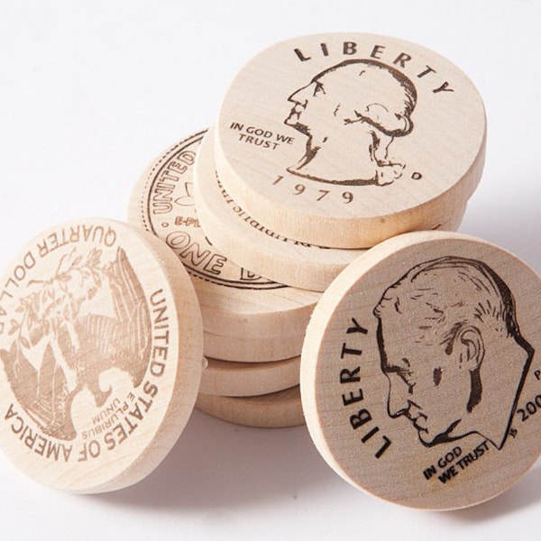 Wooden money coins, play money, American cents, math game, wooden toys, eco friendly toys.