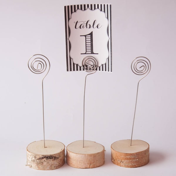 10 rustic wedding table number holder with wire, place card holder, birch wedding table decor,  wedding centerpiece