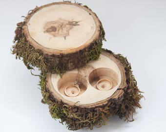 Caja de anillo de madera con musgo, almohadilla del portador del anillo, caja de joyería, sostenedor del anillo de boda rústica, decoración de boda rústica, caja de anillo de compromiso,