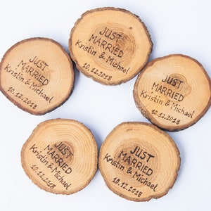 10 oak wood coasters 3 4 , rustic wedding decors, wedding coasters, rustic wedding favors, JUST MARRIED coasters image 6