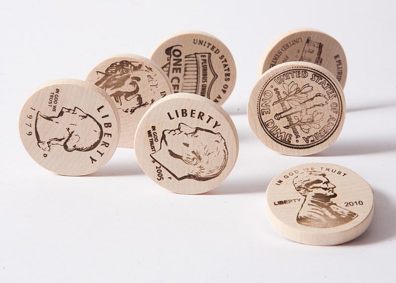 Wooden money coins, play money, American cents, math game, wooden toys, eco friendly toys. image 2