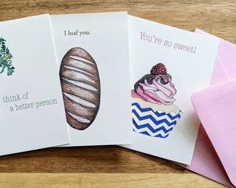 Food Greeting Cards: Carrot, Bread, Cupcake (set of 3)