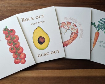 Vegetable Greeting Cards: Tomatoes, Avocado, Shrimp & Carrot (set of 4)