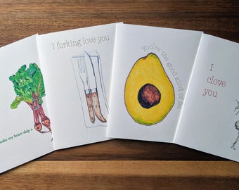 Vegetable Greeting Cards: Beets, Fork and Knife, Avocado and Garlic and Peppers (set of 4)