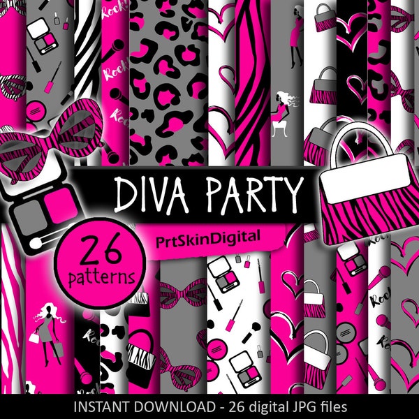 Diva Party Digital Paper, Diva Birthday Party, Glamour Party, Zebra Party, Leopard Party Decorations, Girl Birthday Party, Girl Party Favors