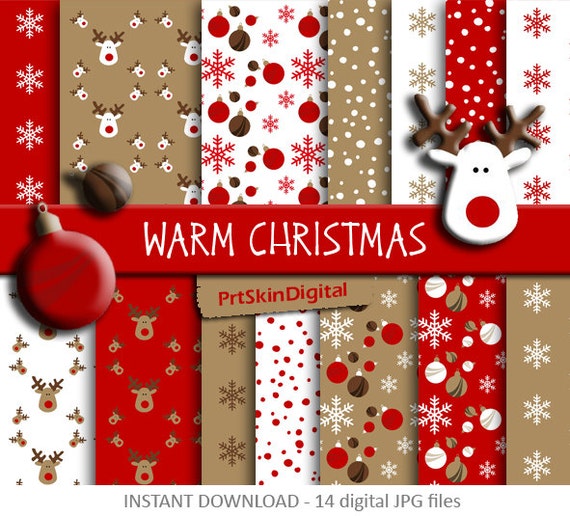 Christmas Digital Paper "Warm Christmas" in Red White & Brown, reindeer, snowflake, ornament, for holiday scrapbooking, invitations, crafts Il_570xn
