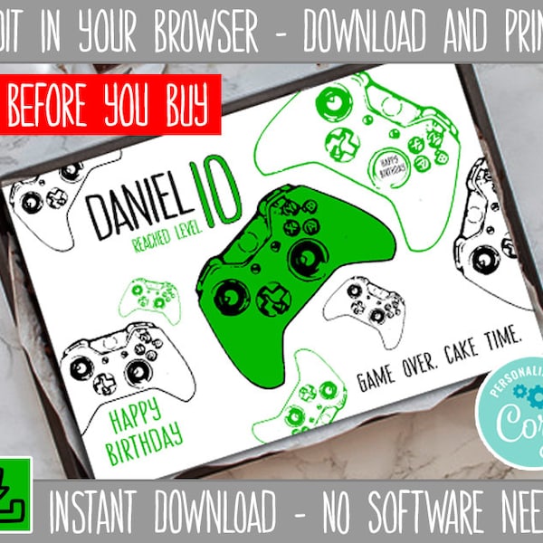 Printable Editable Gamer Cake Topper Image for Video Game Birthday Cake - Personalize Yourself!