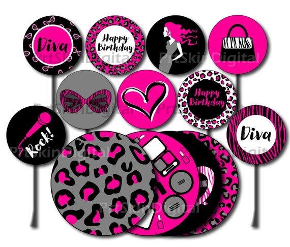 Diva Cake Topper, Printable Diva Party Cupcake Topper, Diva Birthday Party Centerpiece, Glamour Party, Girl Birthday Party, Leopard Party Il_570xn