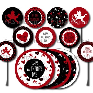 DIY INSTANT DOWNLOAD Dots Hearts Printable Party Cupcake Toppers in Red Black White with Cupid Valentines Day Cake Toppers