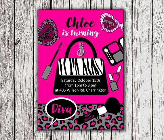 Printable Girl Birthday Invitation, Makeover Party Invite, Diva Party Invitation, Spa Party, Glamour Party, Zebra Party, Leopard Party Il_570xn