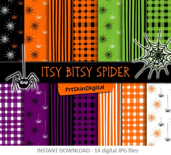 Halloween Digital Paper Pack: "Itsy Bitsy Spider" with spiders, webs, gingham for scrapbooking, invitations, holiday decor, cards, crafts Il_570xn