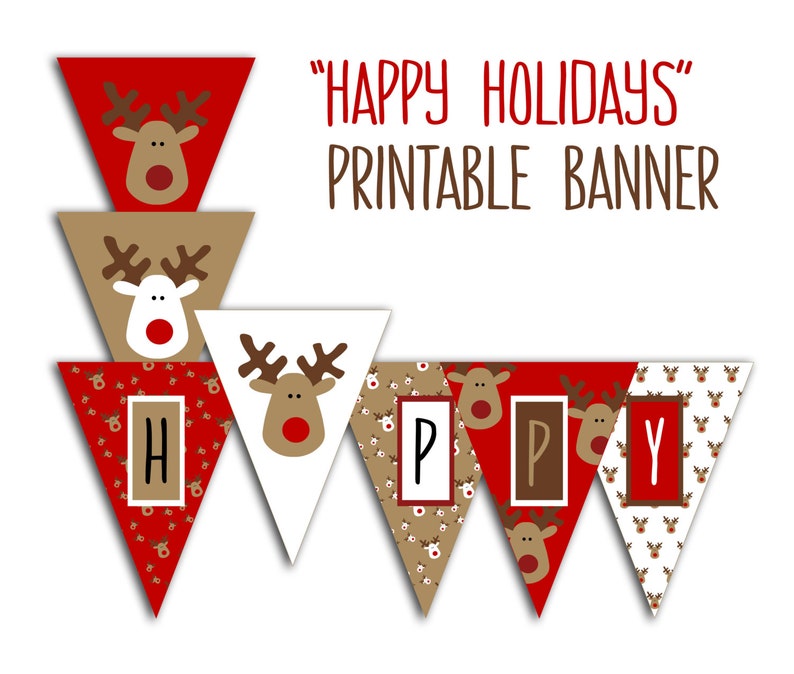 Happy Holidays Banner Christmas Party Printable Sign Christmas Bunting Red White Brown