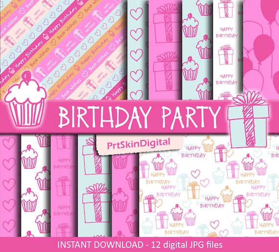 Birthday Digital Paper, Birthday Party, Balloons, Gifts, Cupcakes, Hearts, DIY Invitation, Party Decor, Favor Bags, Stickers, Happy Birthday Il_570xn