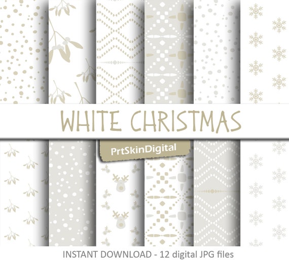 White Christmas Digital Paper Pack with festive White, light Gray & Gold patterns of reindeer, mistletoe, snowflakes and polka dots Il_570xn