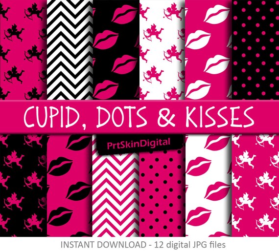 Valentines Day Digital Paper "Cupid, Dots & Kisses", Love Digital Paper, Pink Digital Paper, scrapbooking, invitations, cards, crafts Il_570xn