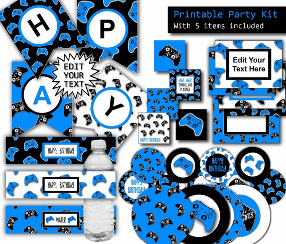 Printable Video Game Party Pack, Gamer Party Editable Banner, Bottle Labels, Cake Toppers, Gift Tags & Editable Food Cards, INSTANT DOWNLOAD Il_570xn